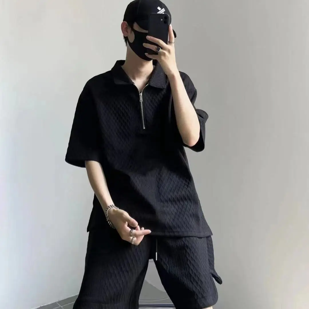 Summer Men Casual shorts Sets Solid Loose Tshirts & Shorts 2 Piece Set Zipper Polo Shirt Men's Fashion Street Sports Set 2024