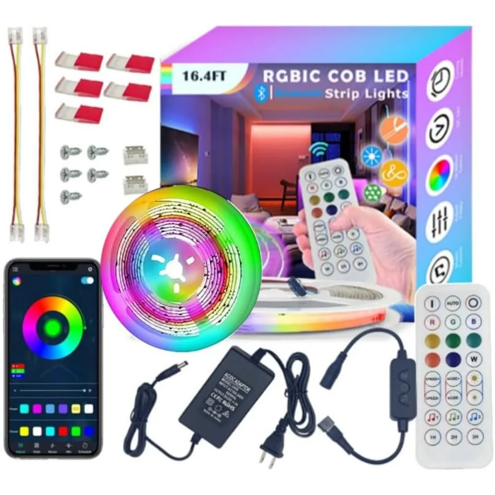 

COB Strips Light 16.4FT/5m IC+RGB Smart Lights Magic Color 24V DC with RF Remote Software Control,24V 60W with Adapter for Home&