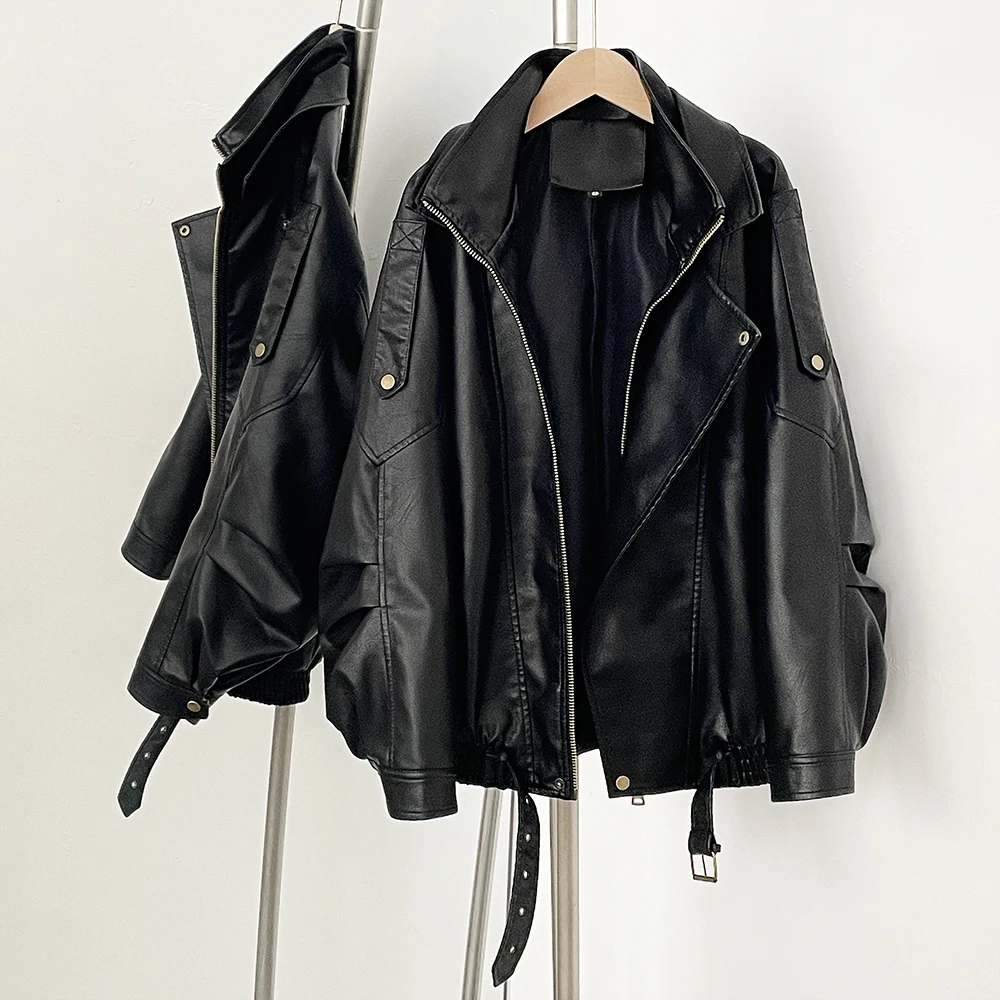 2025 Spring Autumn PU Jacket Female Loose Motorcycle Faux Leather Coat Female Solid New Retro Standing Collar Top Vintage Coat