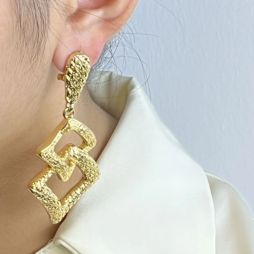 African Fashion Interlocking Square Dangle Earrings Gold Tone Grid Texture Big Statement Drop Earrings for Women Party Wear