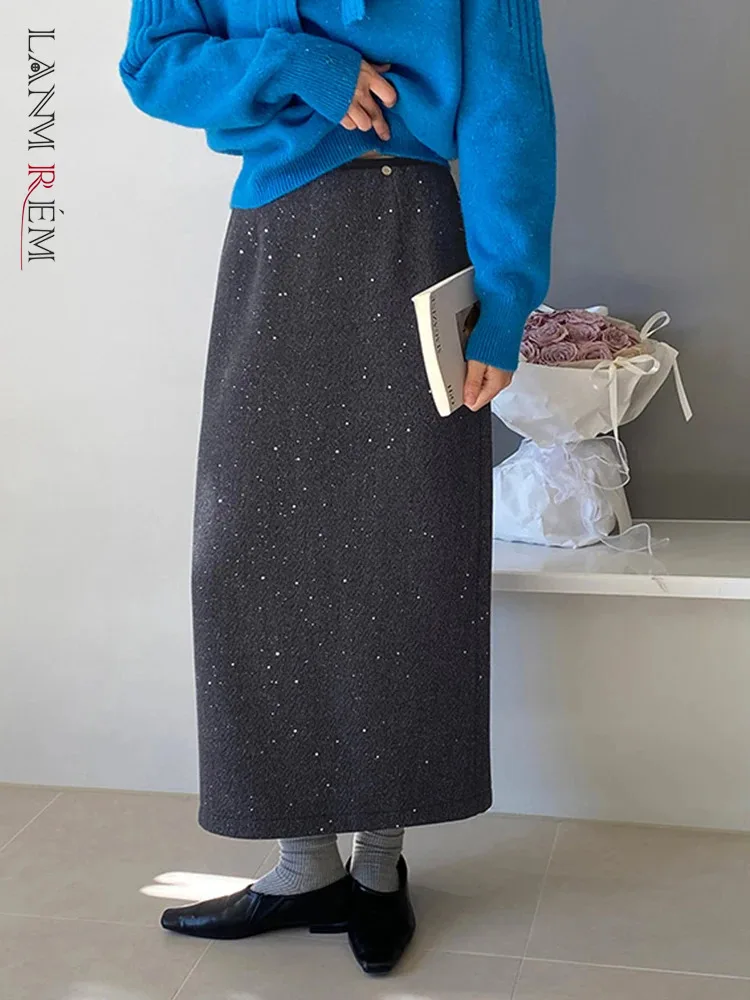 [LANMREM] Sequins Thick Warm Skirts Women's Elastic High Waist Straight Mid-length Skirt Office Lady 2024 Winter New 26C1465