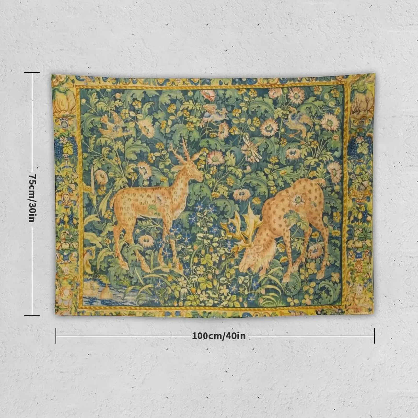 FALLOW DEER PAIR,GOTHIC FANTASY FLOWERS,Green Yellow Floral Tapestry Decorations For Your Bedroom Decoration Room Tapestry