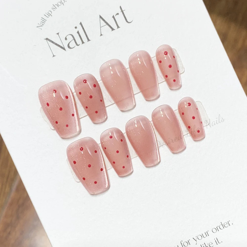 Uñas postizas adhesivas reutilizables hechas a mano, diseño de corazón coreano de Hada, cubierta completa acrílica, punta de uñas Simple