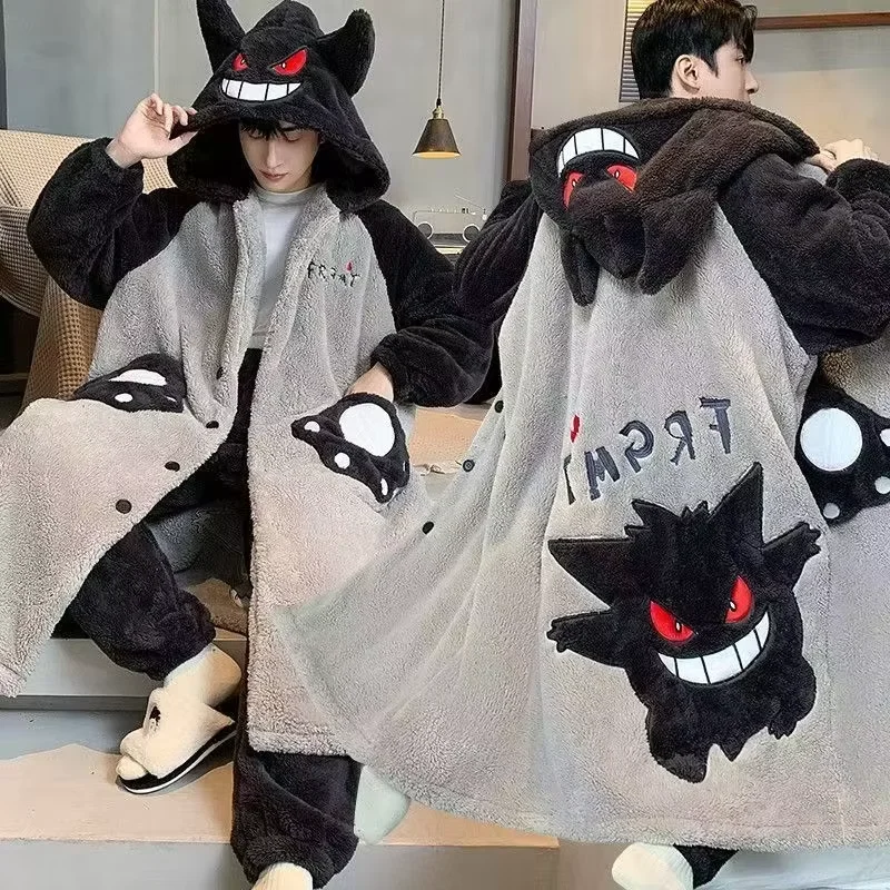 

Gengar Pajamas Suit Anime Pokemon Winter Coral Fleece Nightgown Large Size of Thickened Warm Cartoon Men Hooded Home Suit Set