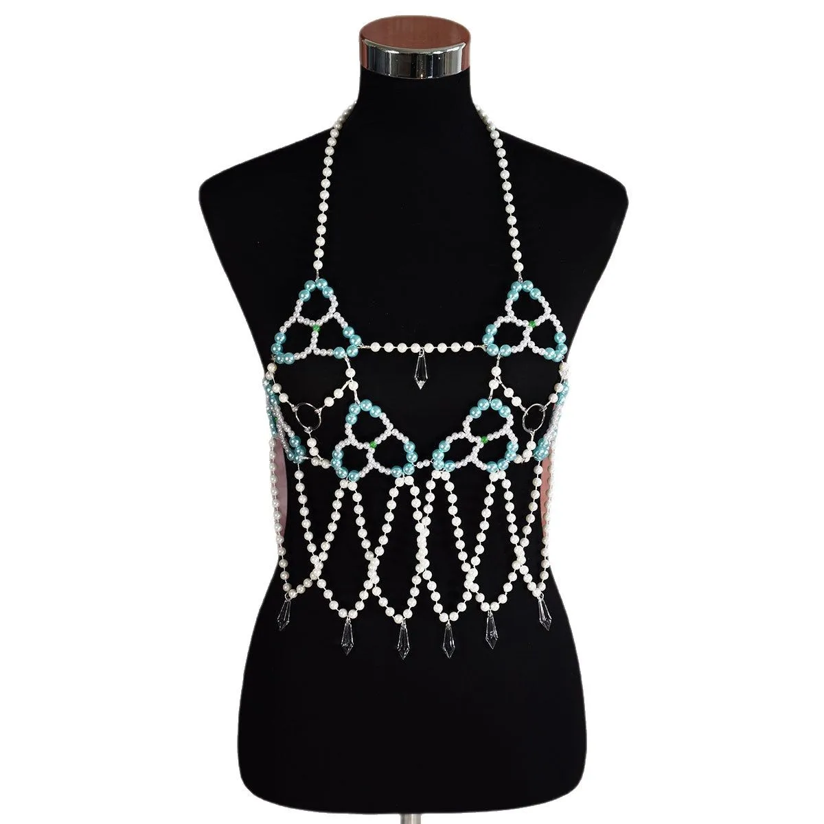 Bohemian Style Crystal Beaded Breast Chain Vest Tops Jewelry Women Sexy Layered Tassel Plastic Pearls Body Chain Night Clubwear