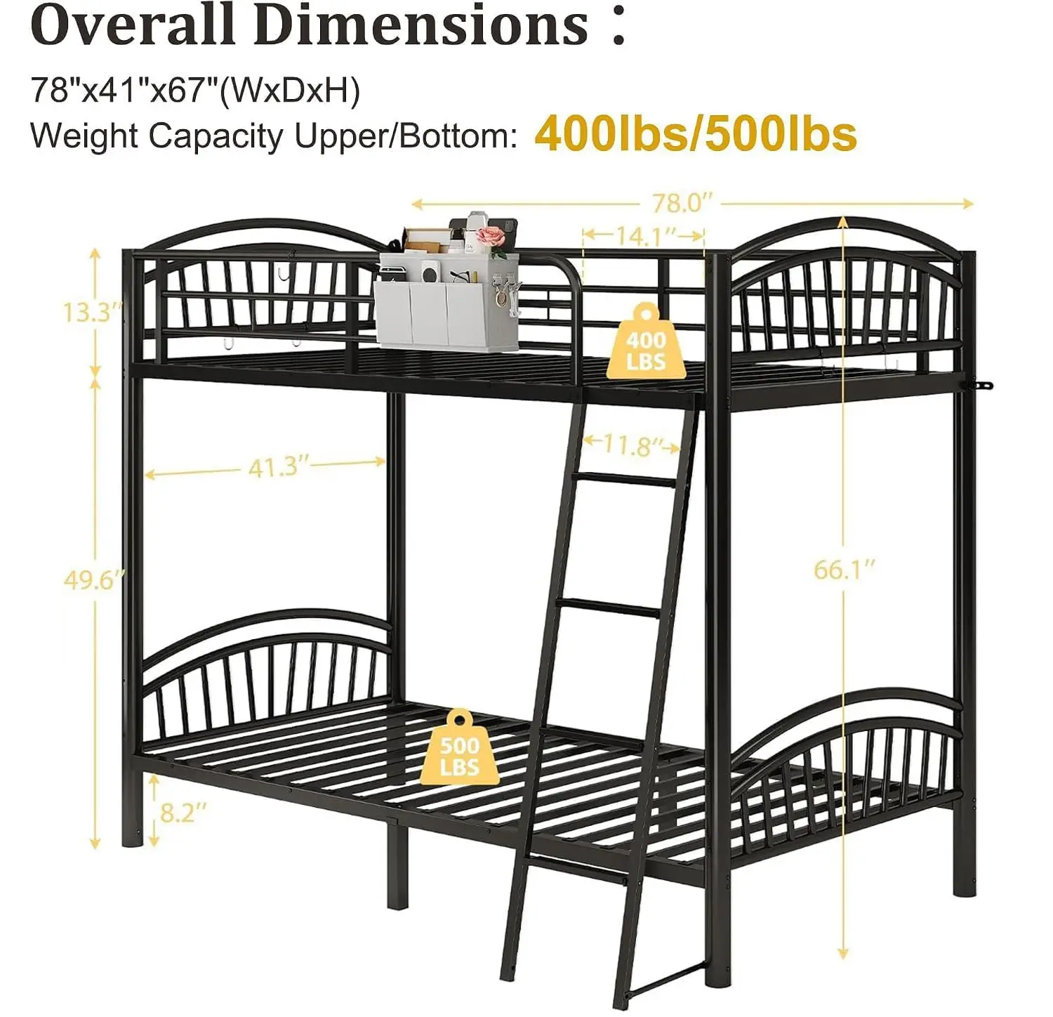 Twin Over Twin Metal Bunk Bed with Convertible Ladder & Flat Rungs, Space Saving Loft Bed for Adult & Teen, Customized image 2
