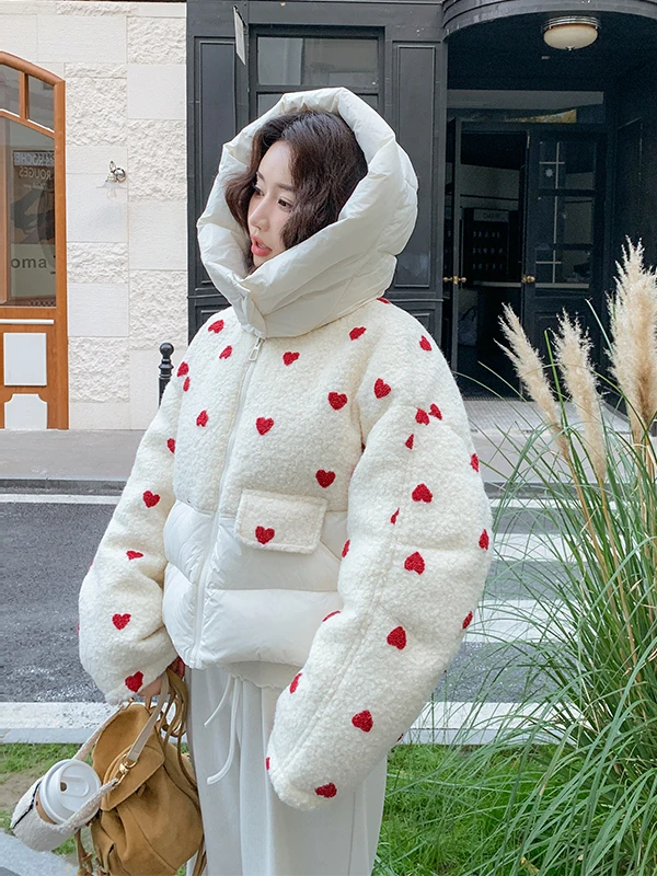 

Lamb Fur Spliced ort Thiened Winter down Jaet Women's Sle Cute Heart Pattern Warm Fluffy Coat for Younger Look