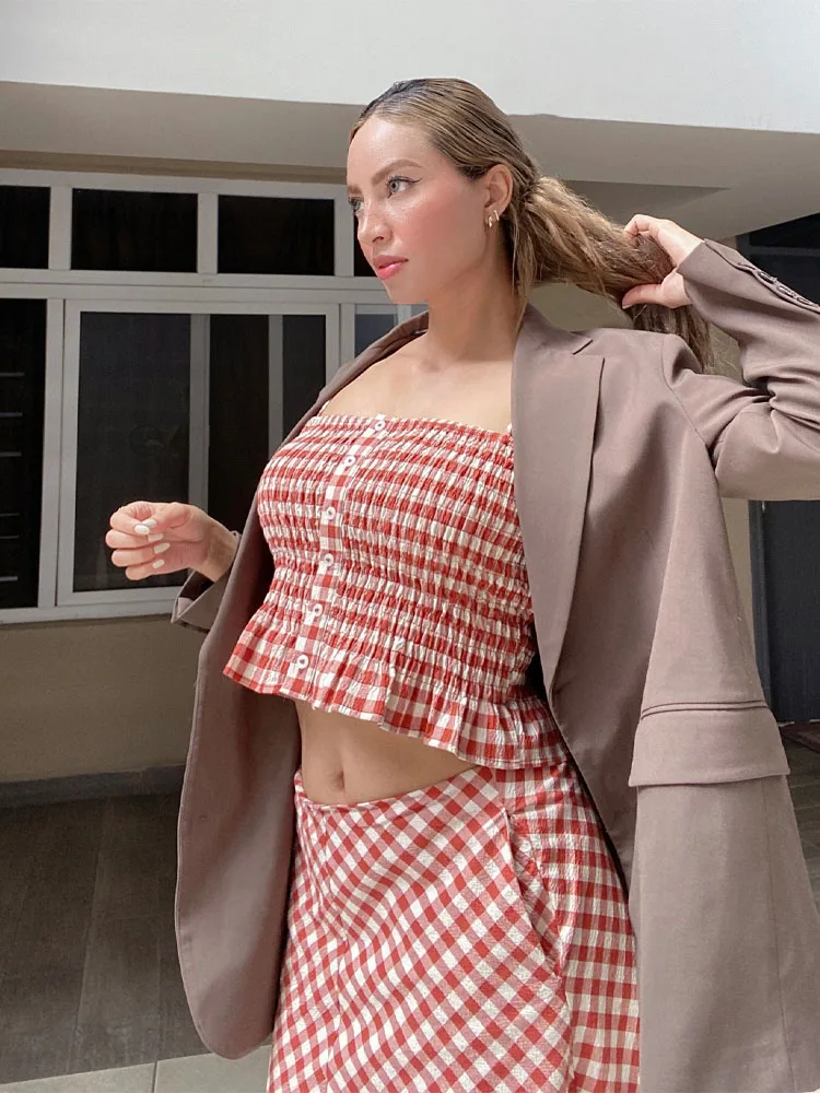 

HH весенний комплект с юбкой, женский модный клетчатый топ без рукавов на подтяжках + элегантная юбка миди с высокой талией на молнии