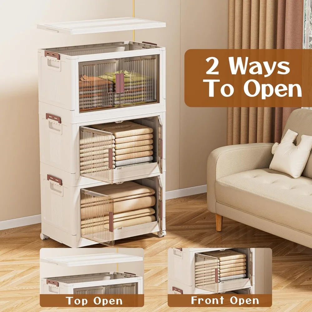 صناديق تخزين بلاستيكية كبيرة قابلة للتكديس مكونة من 3 طبقات مع أغطية وعجلات وأبواب، مثالية لتخزين الملابس