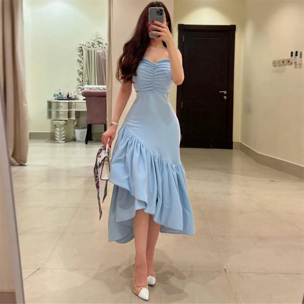 

Simple Sheath Strapless Satin Mermaind Formal Occasion Prom Dresses Tea Length Women Evening Party Dresses فساتين السهرة