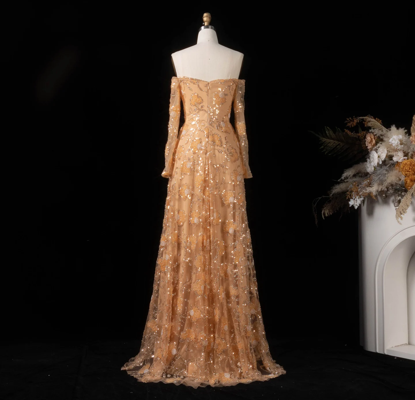 Sharon Said Rosa Elegantes Schulterfreies Abendkleid mit Langen Ärmeln für Damen, Hochzeit, Perlenbesetztes Formelles Ballkleid, SS638 Maßanfertigung – Detail 27