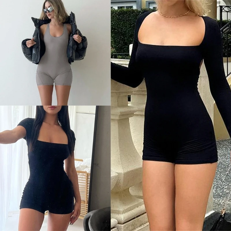 Y-neck/Square Neck Bodysuit Fashionable High Waist Casual Solid Color Sports Jumpsuit Figure Flattering Romper for Women