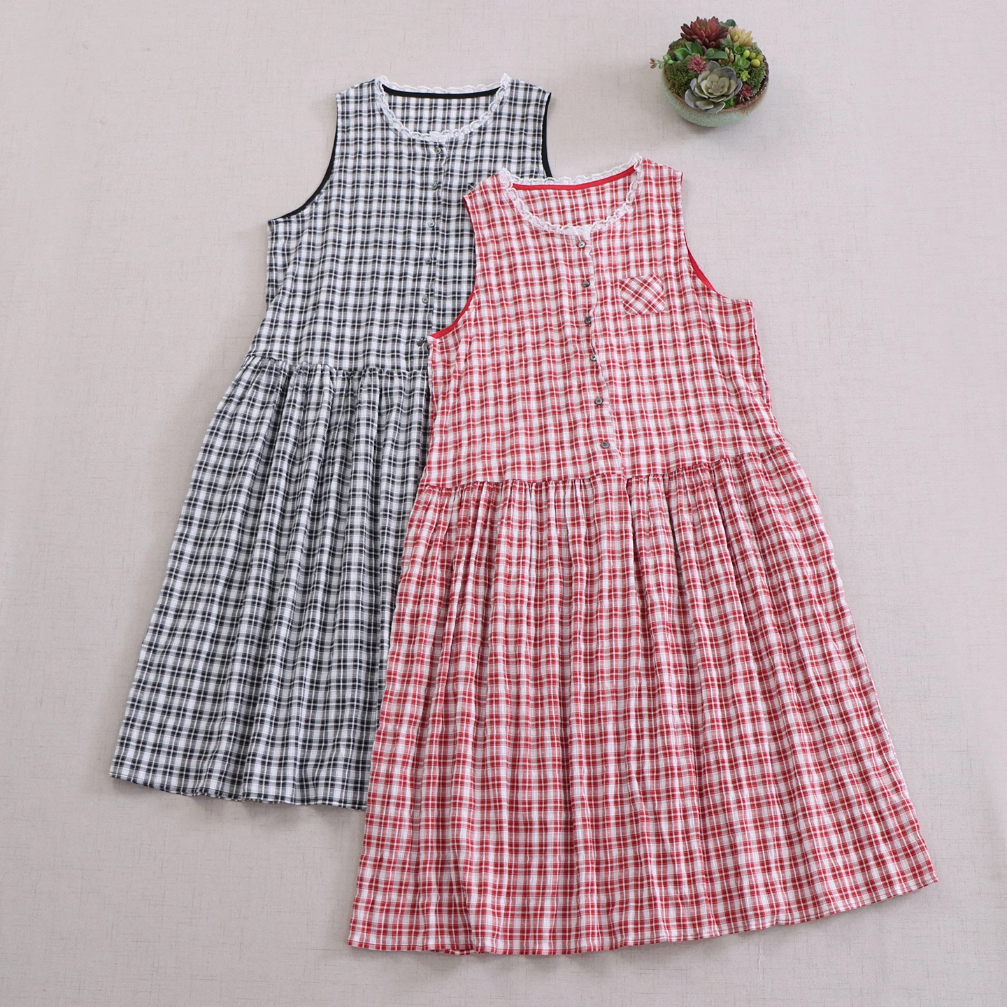 

Japanese Sweet Mori Girl Vintage Plaid Cotton Tank Dress Women Summer Button Front O-Neck Sleeveless Casual Loose Midi Dresses