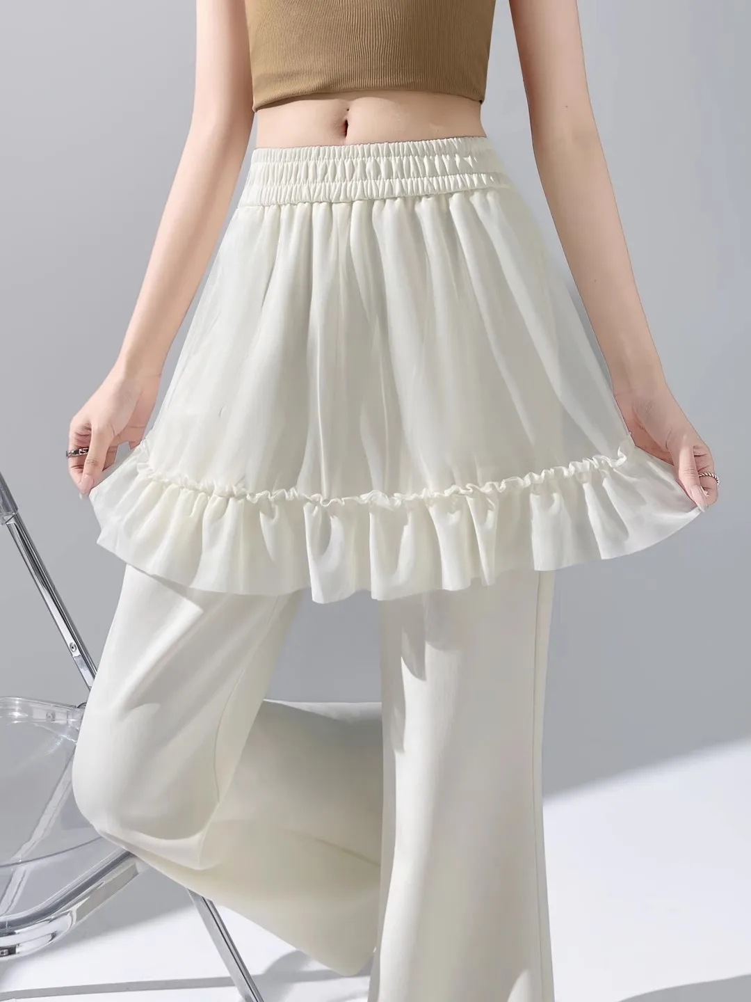 

Slimming High Waist Floor Length Tulle Micro Flared Pants Women's Summer Thin New Style Casual Loose Fit Polyester Cotton Blend
