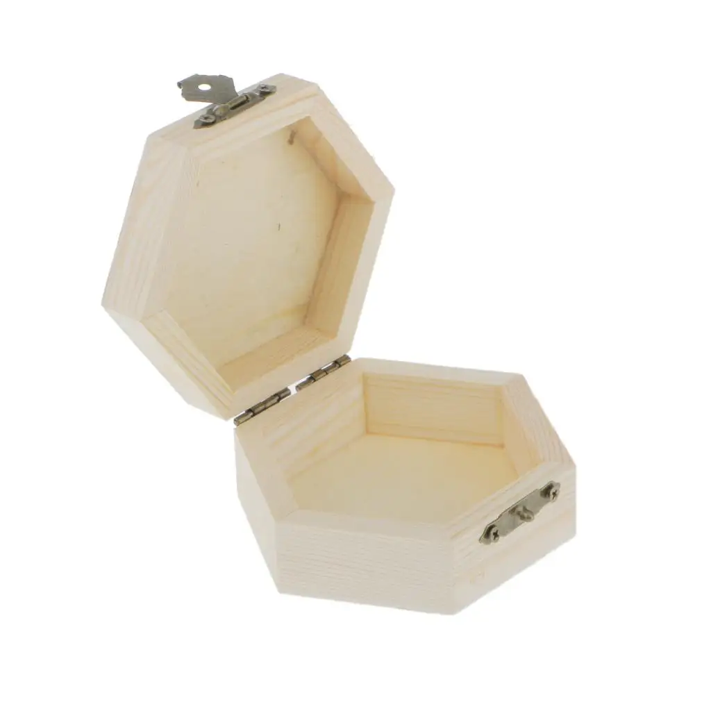 Unfinished Rustic Plain Hexagonal Wooden Jewelry Box Storage Case Gift Favor Home Decor