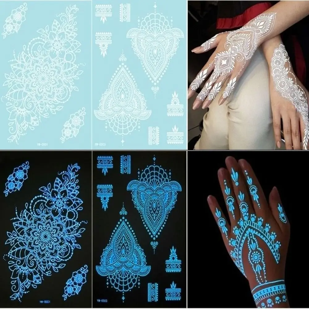 

6 Sheets Blue Luminous Henna Tattoo Stickers Lasting Glow in the Dark Mandala Temporary Tattoos Sweatproof White