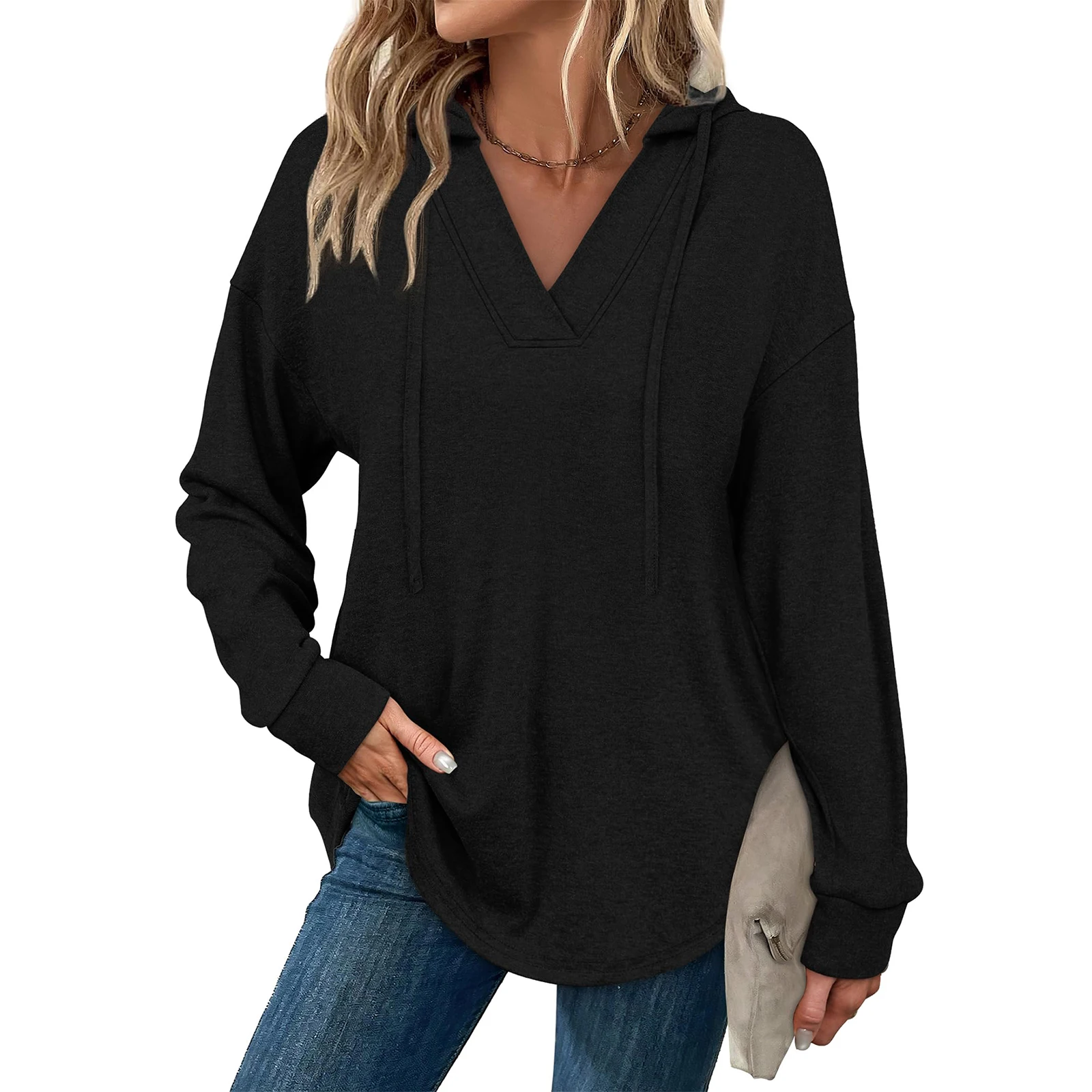 Tops Für Frau Frauen Mode Einfarbig Lange-Sleeve Mit Kapuze V-ausschnitt Casual Sweatshirt Top Frau Kleidung Winter Kleidung frau