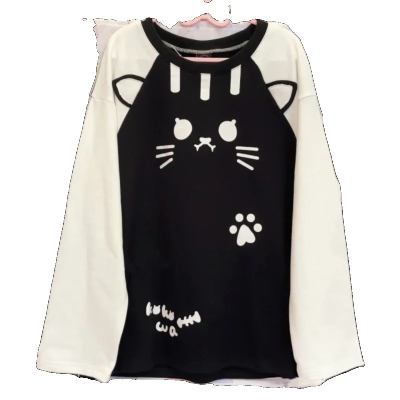 Japanese Autumn Subculture Cartoon Kitten Print Cute Shoulder-plugged Long-sleeved T-shirt Loose Top Bottoming Shirt For Women