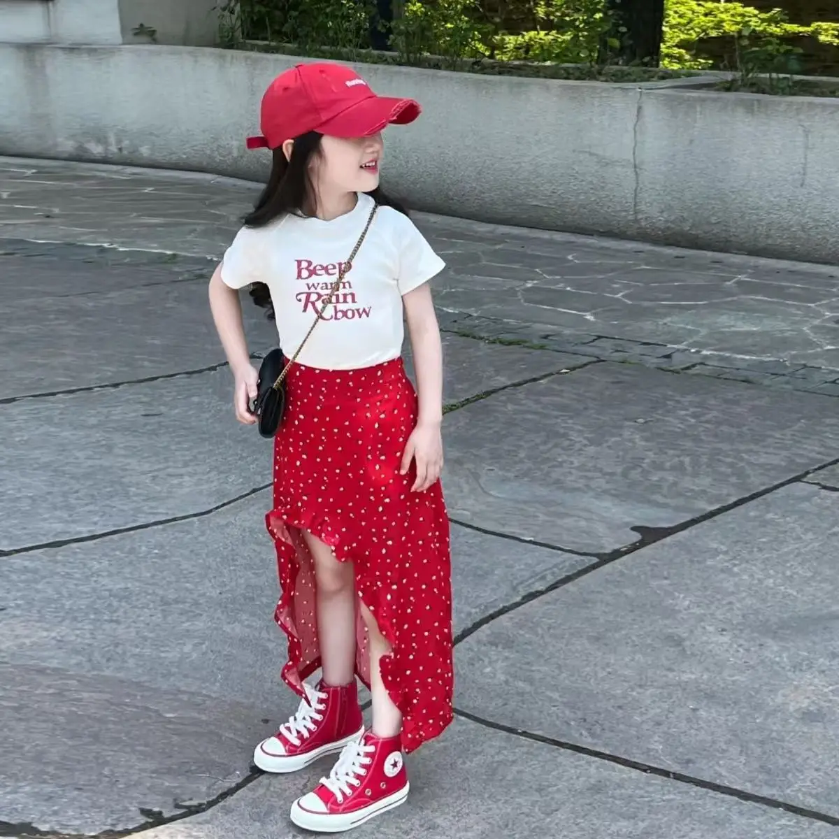 

2-7Y Cute Western style Short sleeved Red Half length Skirt 2026 Summer New Fashionable Two Piece Set