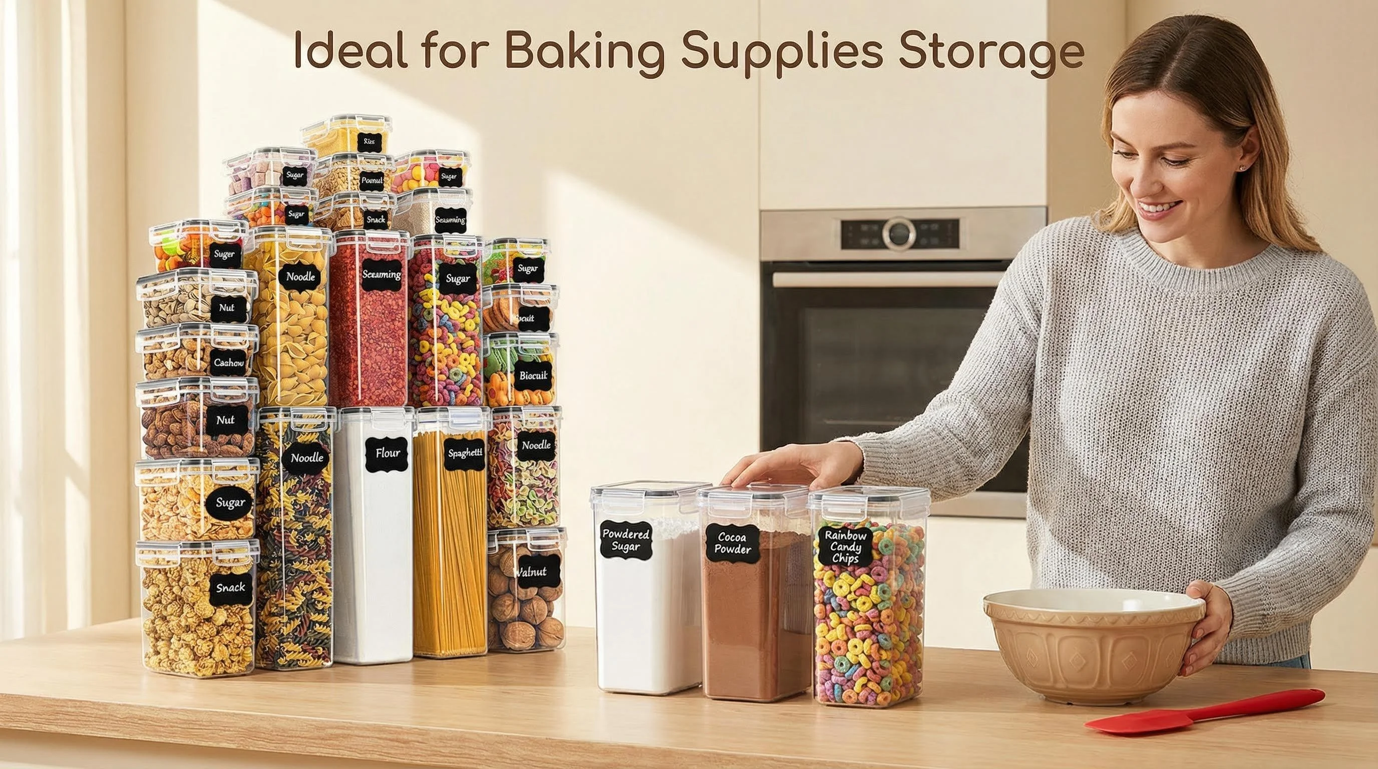 Vorratsdosen mit Deckel luftdicht 25er Set – BPA-freie Aufbewahrungsbox Küche für Mehl, Müsli, Zucker, Spaghetti & Nudeln, stapelbare Vorratsbehälter 2,8L/2,0L/1,4L/0,8L, spülmaschinenfest – Detail 1