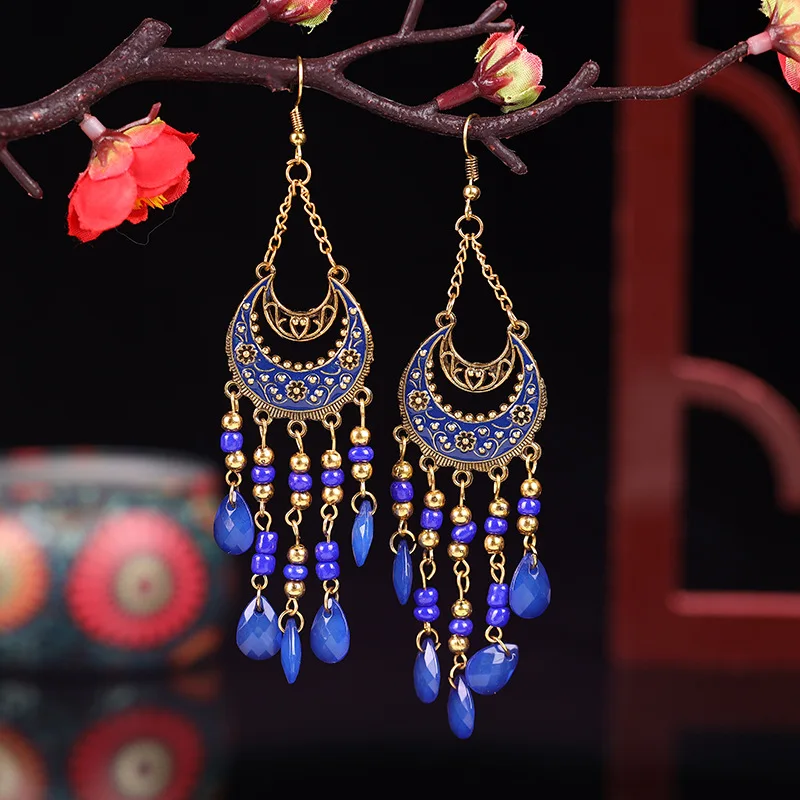 Bohemian Antik Gold Farbe Lange Wasser Tropfen Quaste Ohrringe für Frauen Vintage Bunte Geometrische Tropfen Baumeln Ohrringe Schmuck – Detail 27