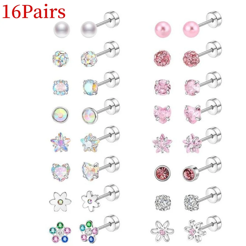 16Pairs Earrings Set Surgical Piercing Stainless Steel Ear Stud with Safe Ball Pearl Diamond Flower Body Piercing Jewelry Gift