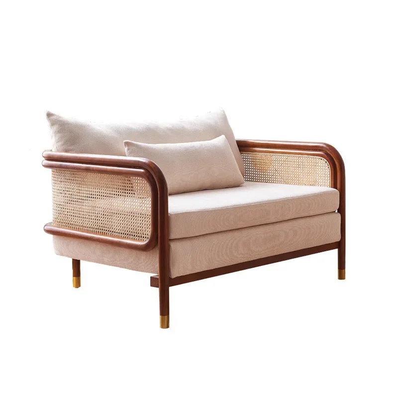 

New Chinese rattan solid wood sofa wabi-sabi wind home living room fabric sofa sponge ash wood single and double three people