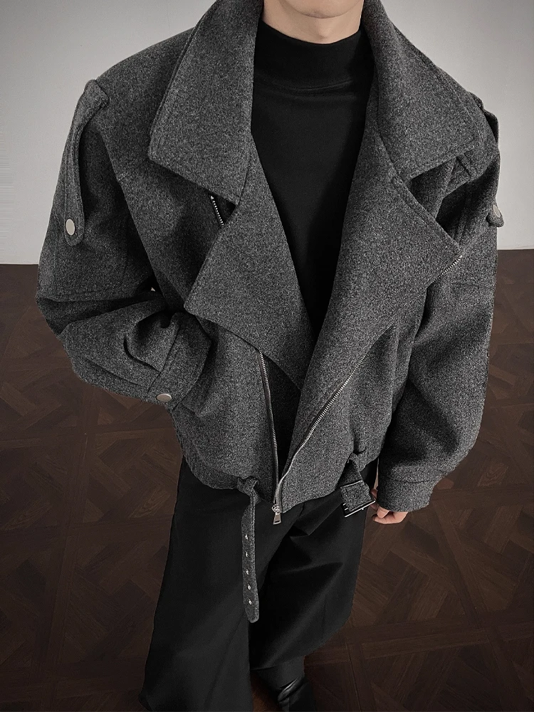 

ey Woolen Coat Men's Winter Cleanfit Deconstructed High-End Feeling Tweed Waist-Cinching ort Jaet Casual Sle