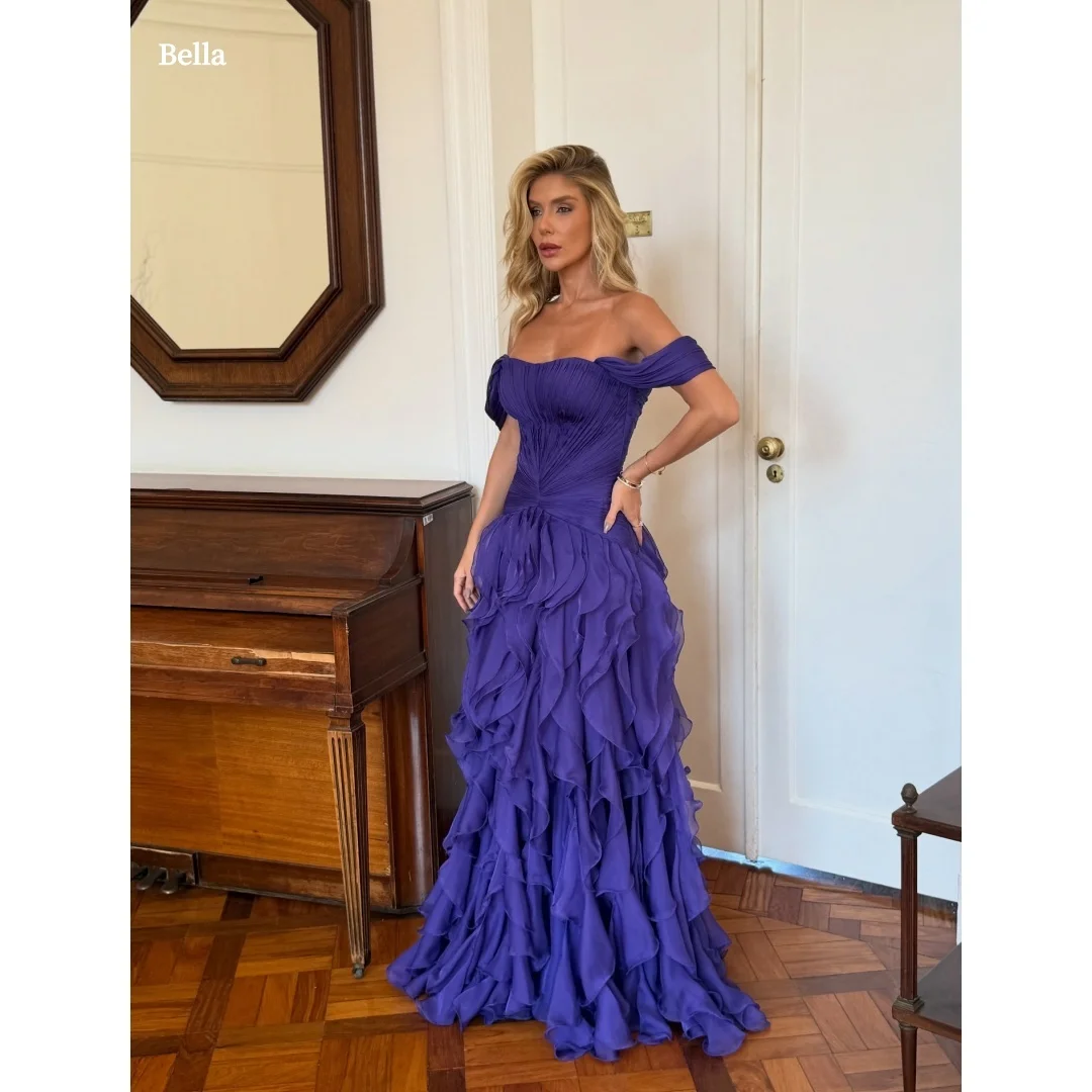 

Bella Customized Royal Blue Off Shoulder Ruched Prom Dress Chiffon Ruffle Tiered Floor Length Party Dresses Evening Gown 2025