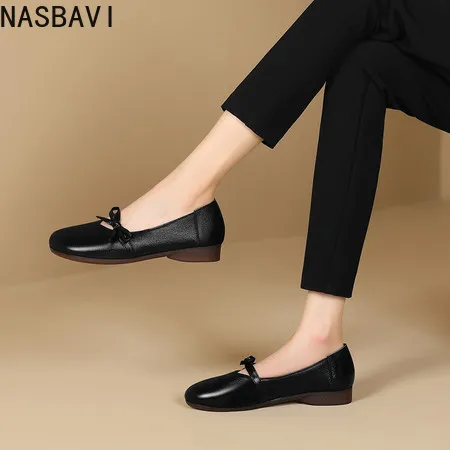 

Plus Size 34-41 Daily Casual Cow Musle Bow Pumps Mom's Low Spike Heel Black Beige Leisure Outside Women Shoes 2025 Four Season