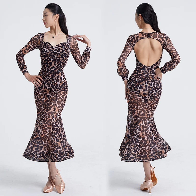 

New Waltz Ballroom Dance Clothes Long Sleeves Leopard Tops Fishbone Skirt Latin Dance Performance Wear Competition Dress BL16395