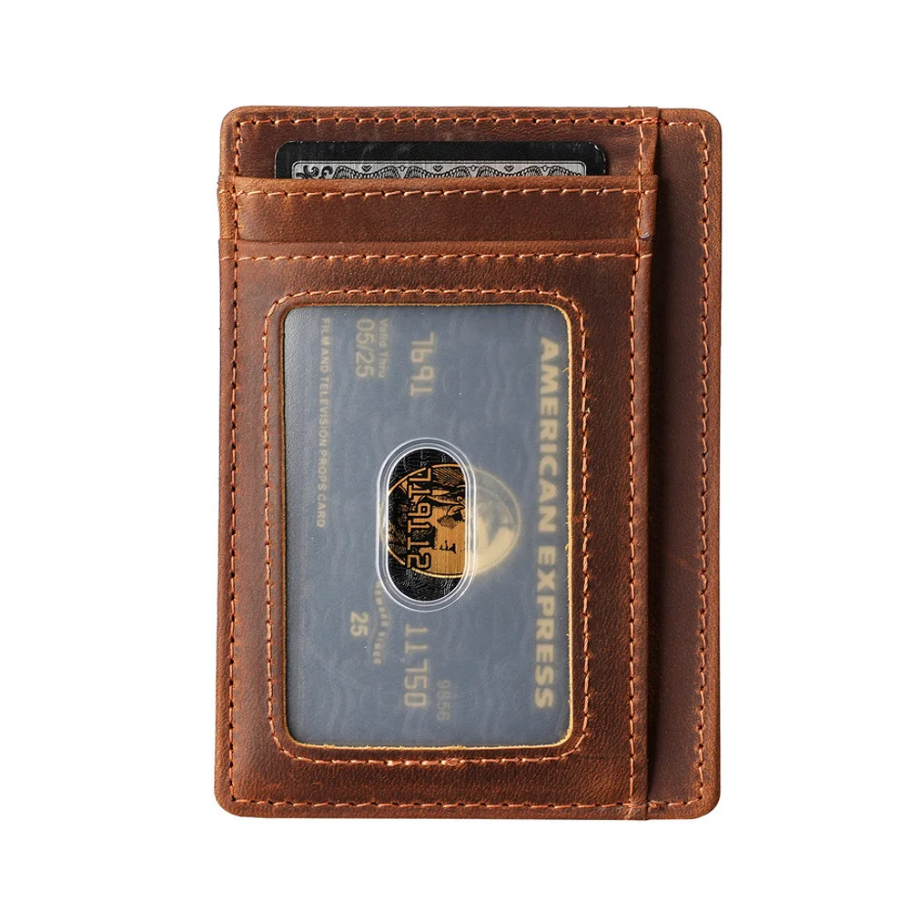 Slim Leather Card Holder Crazy Horse Minimalist Wallet Vintage Top Grain Credit Card Case Front Pocket Purse with ID Window