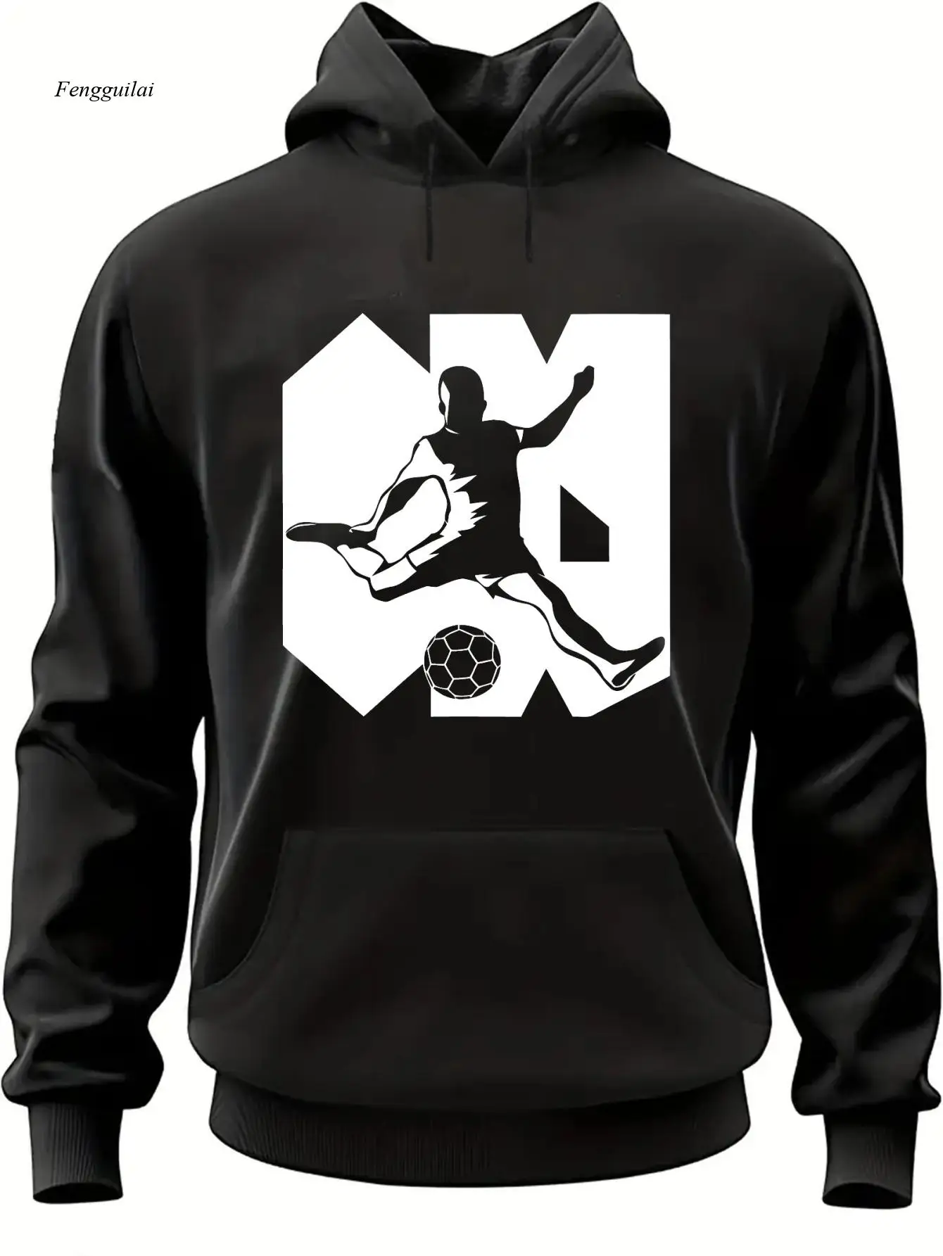 サッカーをテーマにしたフーディー、サッカーユニフォームプリント入り - 暖かいプルオーバースウェットシャツ、カンガルーポケットと調節可能なフード付き