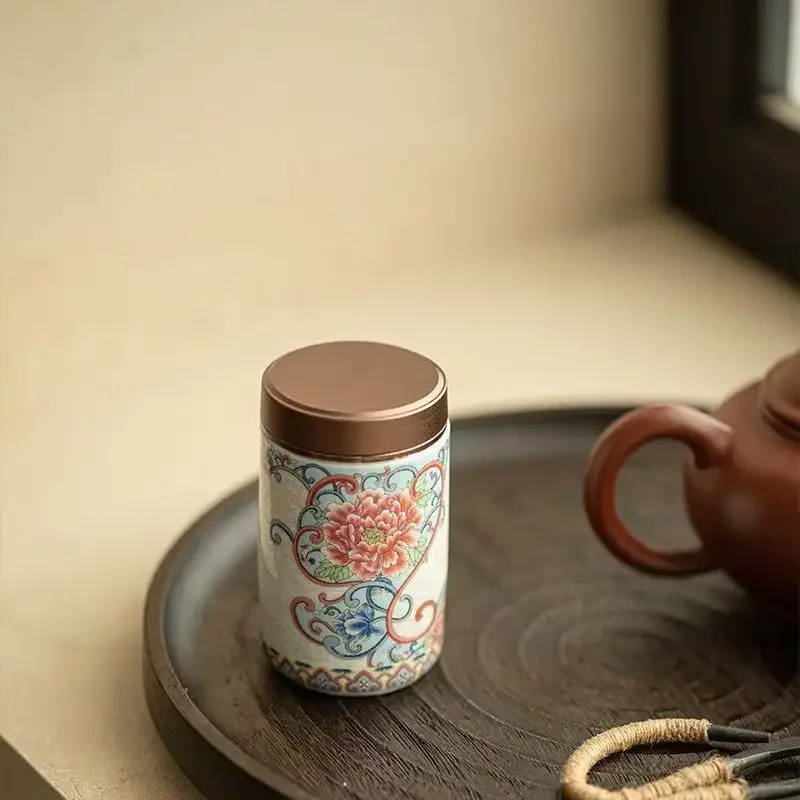 Guofeng Enamel Color Tea Pot Ceramic Storage Tank Creative Universal Alloy Cover Storage Tank Sealed Tank Tea Coffee Container