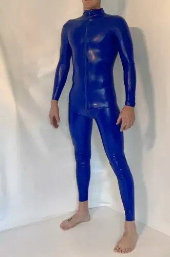 100%Gummi Catsuit Latex Cosplay Rubber Club Bodysuit Navy Bau Zentai Kostรผm0,4mm