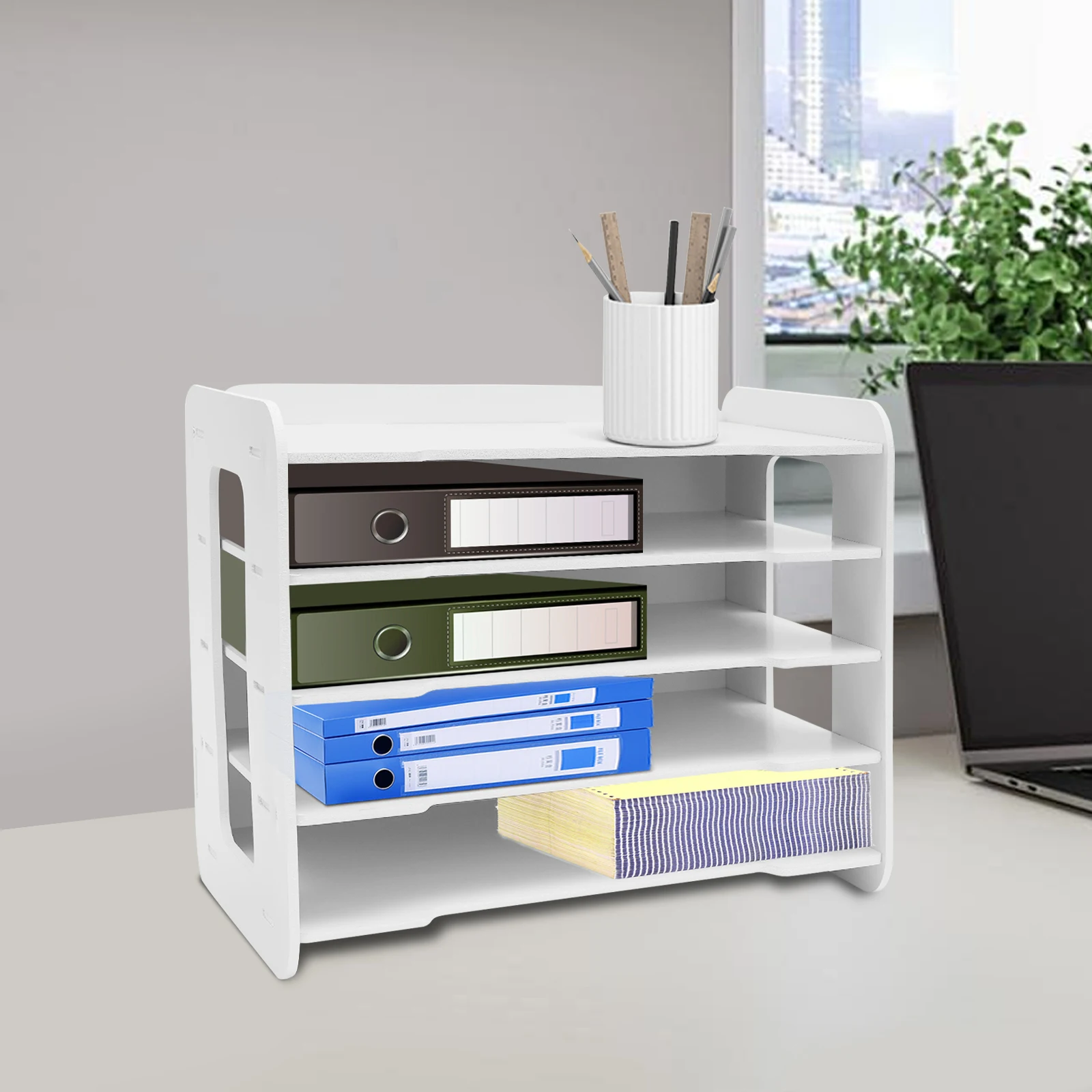 صينية تنظيم المستندات البيضاء مكونة من 5 طبقات - مركب من الخشب والبلاستيك PVC، 13.39 × 10.24 × 10.43 بوصة، هيكل لون نقر، موفر للمساحة