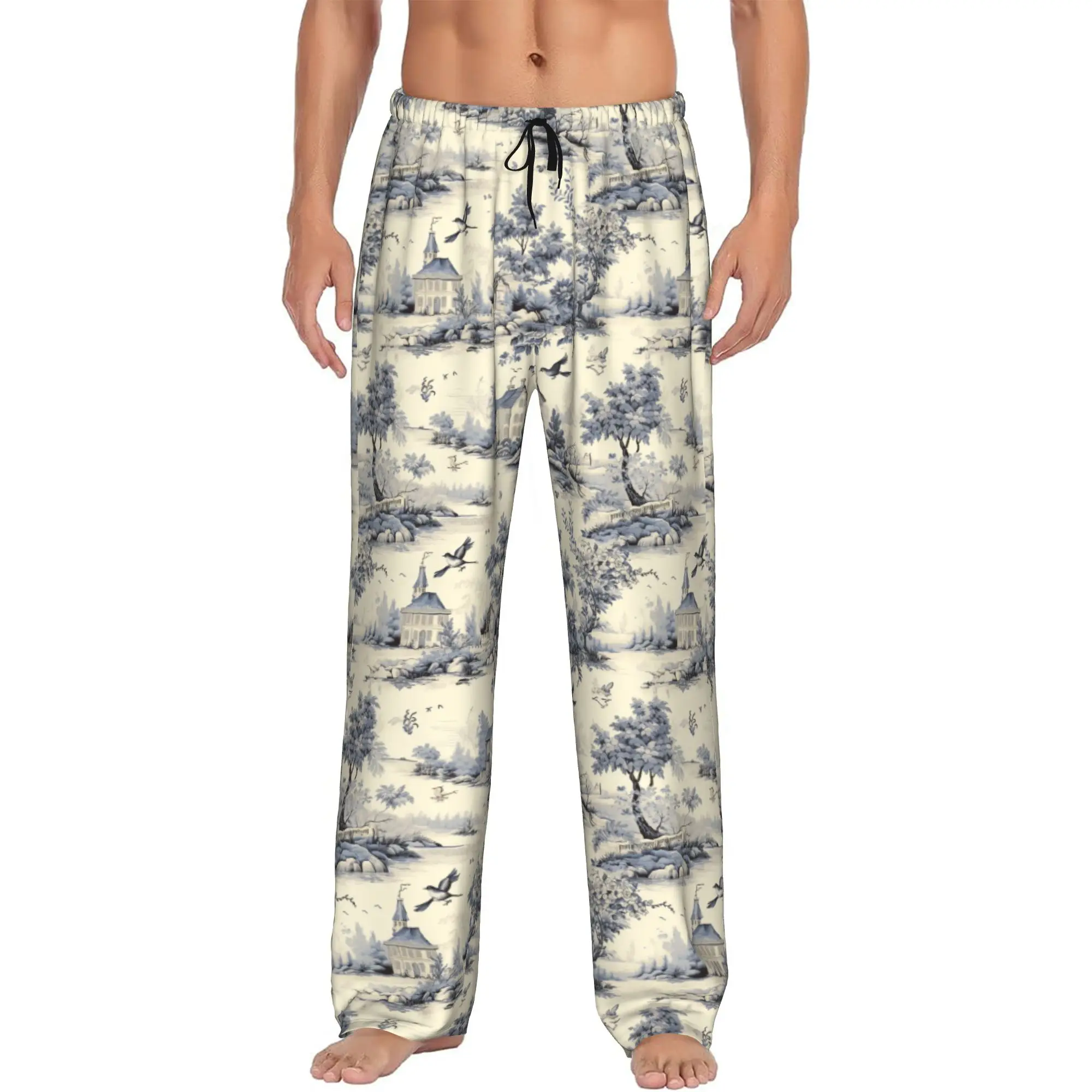 Custom Yellow And White Toile De Jouy Pajama Pants Sleepwear for Men Elastic Waistband  Sleep Lounge Bottoms with Pockets