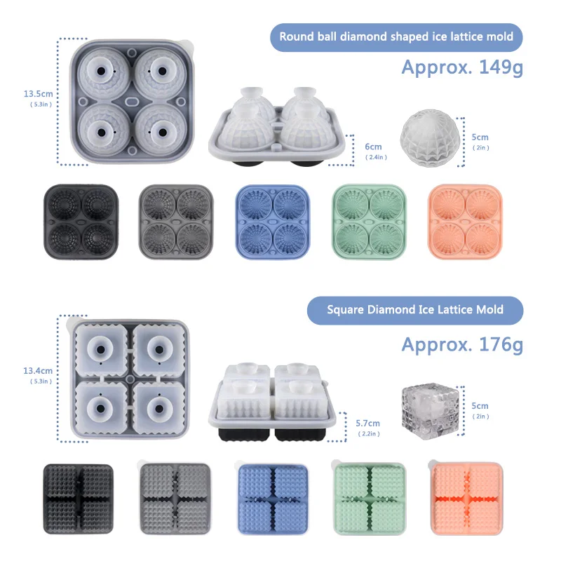 4 Grids Large Ice Cube Molds Silicone Ice Cube Trays with Ice Clips Whiskey Ice Mold Ball Summer Necessary Kitchen Mould