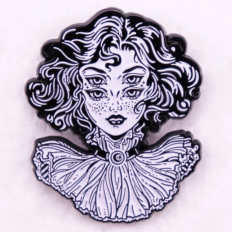 

Surreal Witch Girl With 4 Eyes badge Gothic Weird Strange Freaky Scary art Enamel Pin brooch gift jewelry