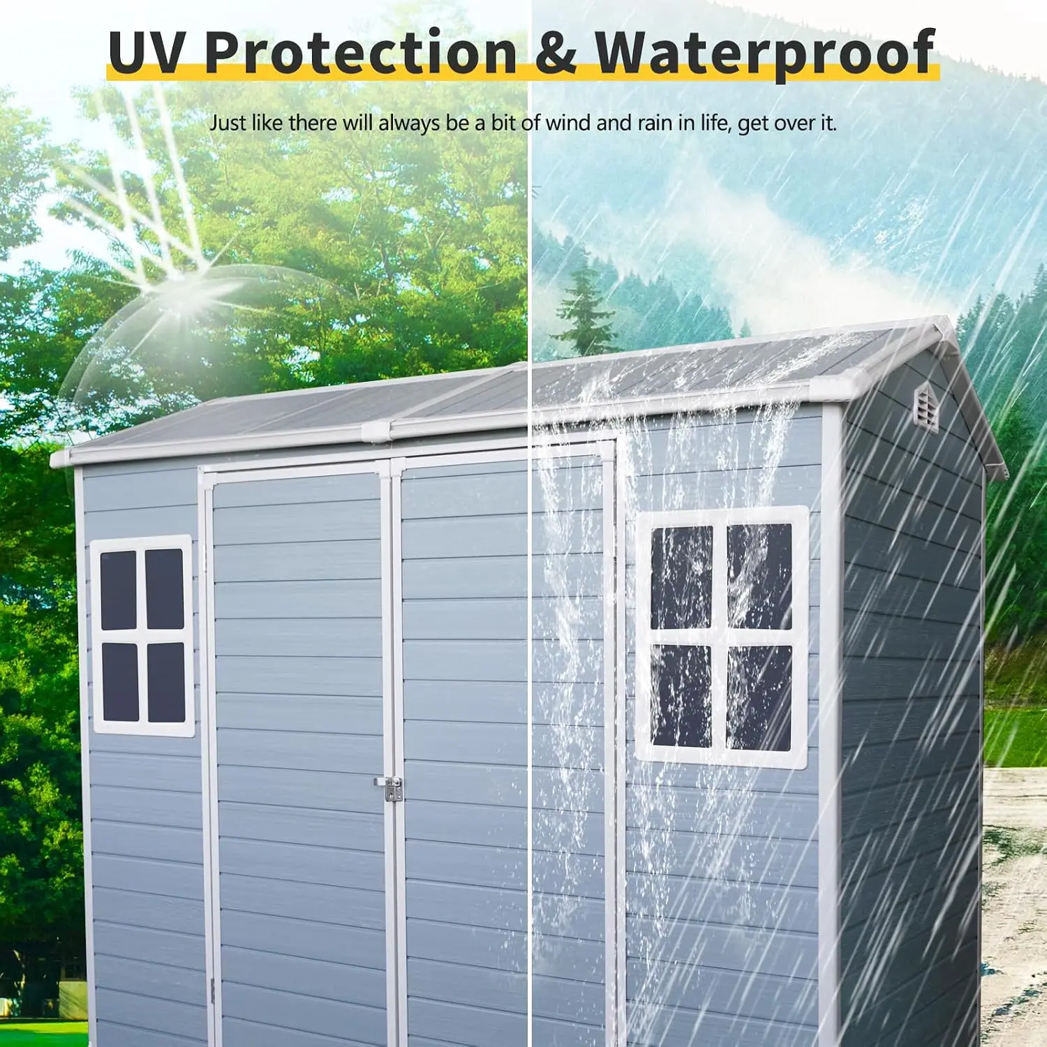 8x4 FT Outdoor Storage Shed with Floor, Plastic Resin Tool Shed Window Vent Door, Garden Patio Backyard, Grey, Customized
