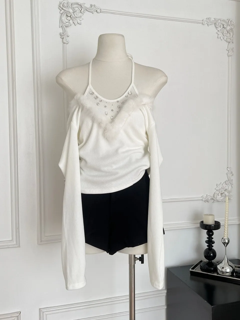 Moonlight White Sexy oulder Bared Long Sve Knitted Sweater Slim Fit Polyester Fiber Fake Two-Piece Ne Hanging Sle