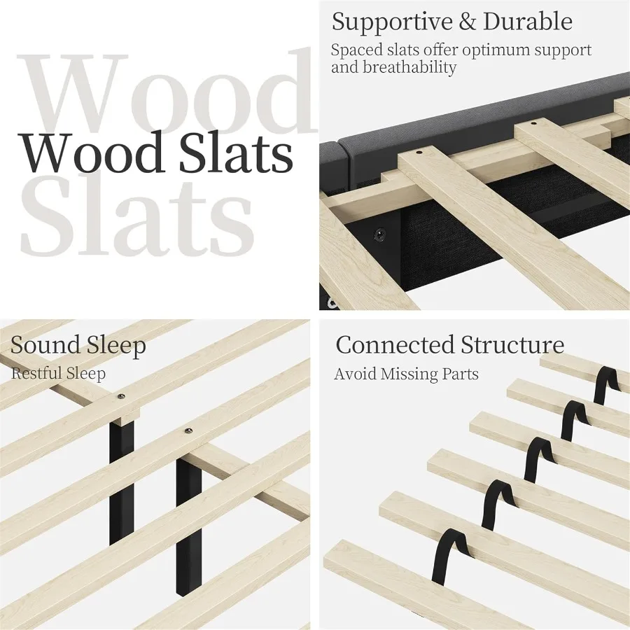 إطار سرير كوين، سرير بمنصة منجدة مع شريحة خشبية بجانب جناح تدعم اللوح الأمامي معنقدة مع كريم أساس للمرتبة الجانبية