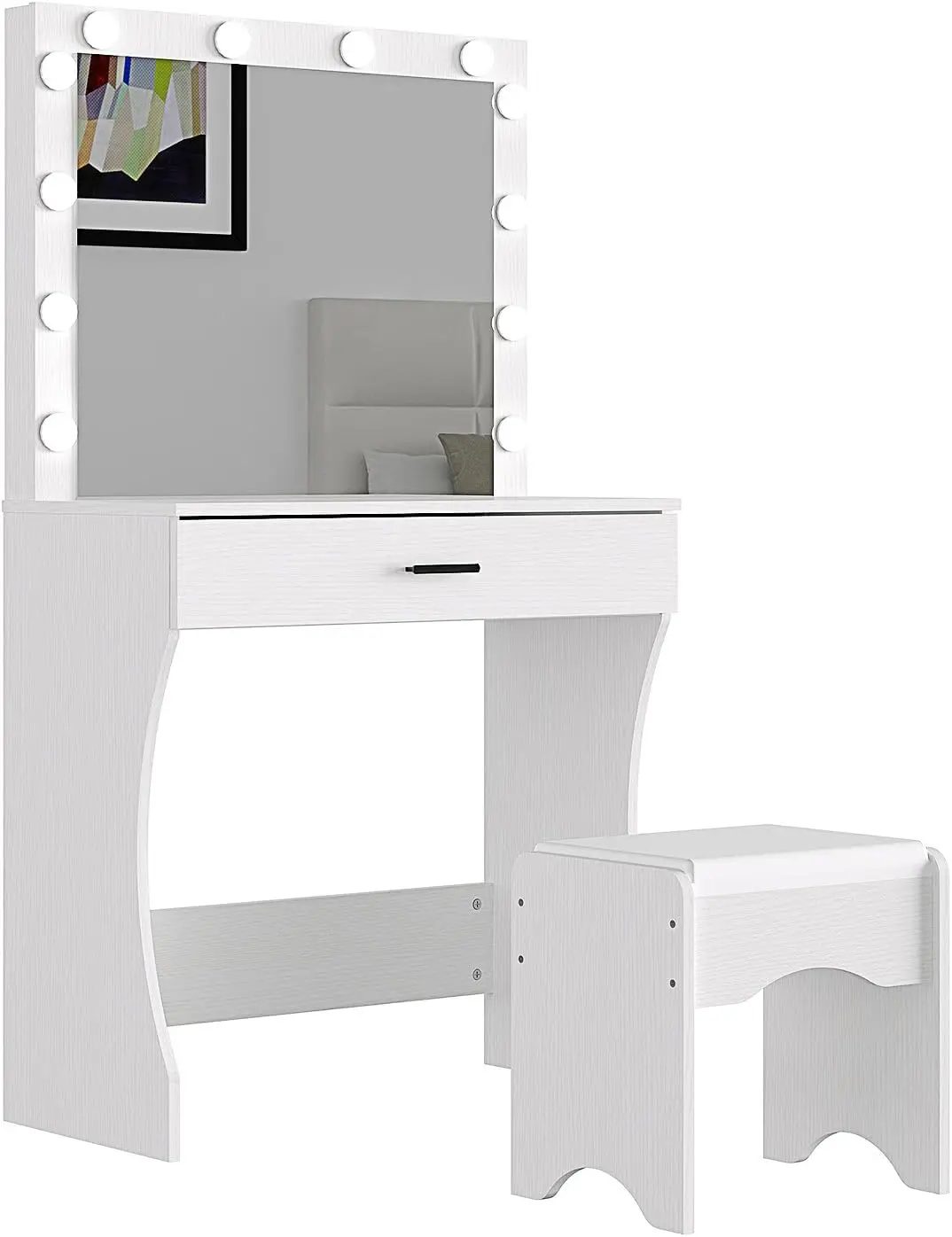 

Vanity Desk with Mirror and Adjustable Lights, One Drawer Storage Makeup Table with Stool - Vanity Set for Bedroom (White)