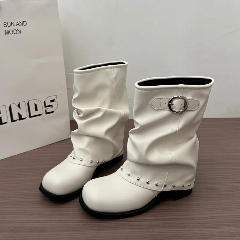 Sheepskin Version~Unique Studded Chunky Heel Riding Boots For Women, 2026 Autumn Collection, Stacked Leg Boots,