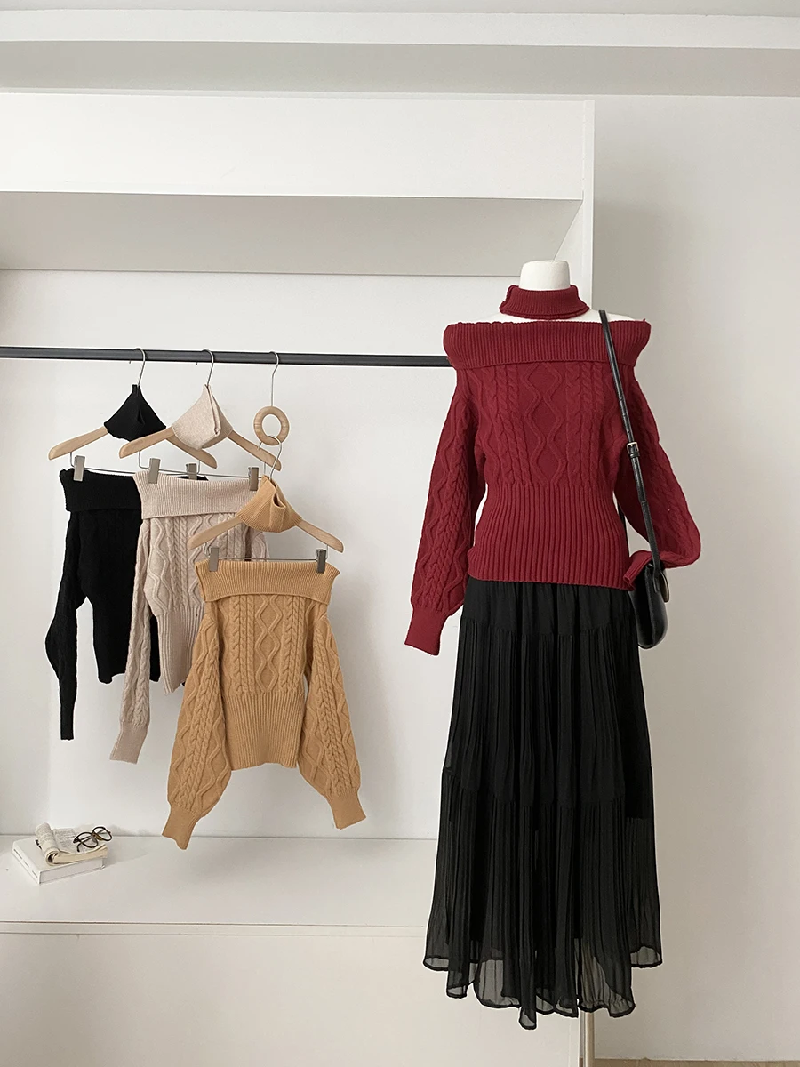 

Thickened High Collar One Shoulder Knitted Sweater Women's Autumn Winter Fashionable Commute Style Polyester Fiber