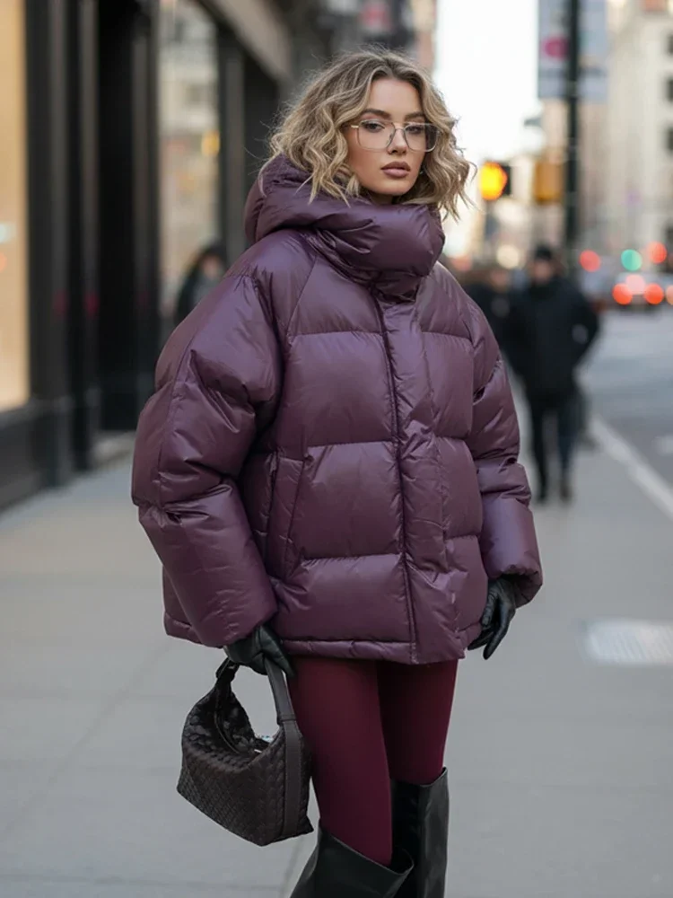 

Womens Winter Jacket Hooded Cotton Coat Long Sleeve Stand Collar Loose Warm Casual Outfit for Daily Commute