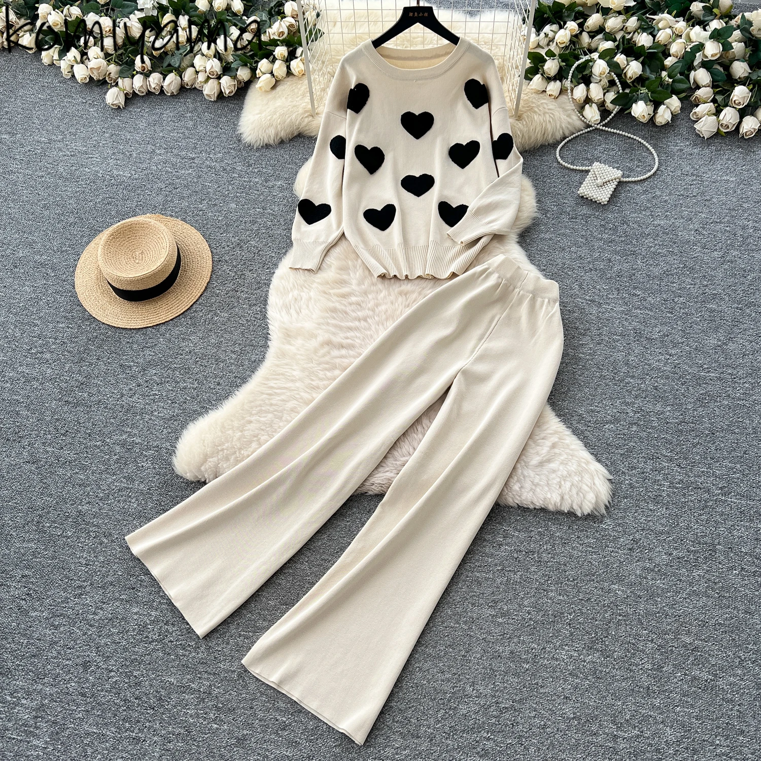 

Woman 2025 New Knit Sets O-neck Long Sleeve Love Heart Embroidery Sweater Straight Wide Leg Pants Autumn Fashion All-match Set