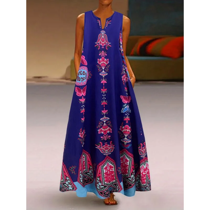 Nuevo vestido largo de verano sin mangas con cuello suelto y estampado Retro para mujer de estilo europeo y americano