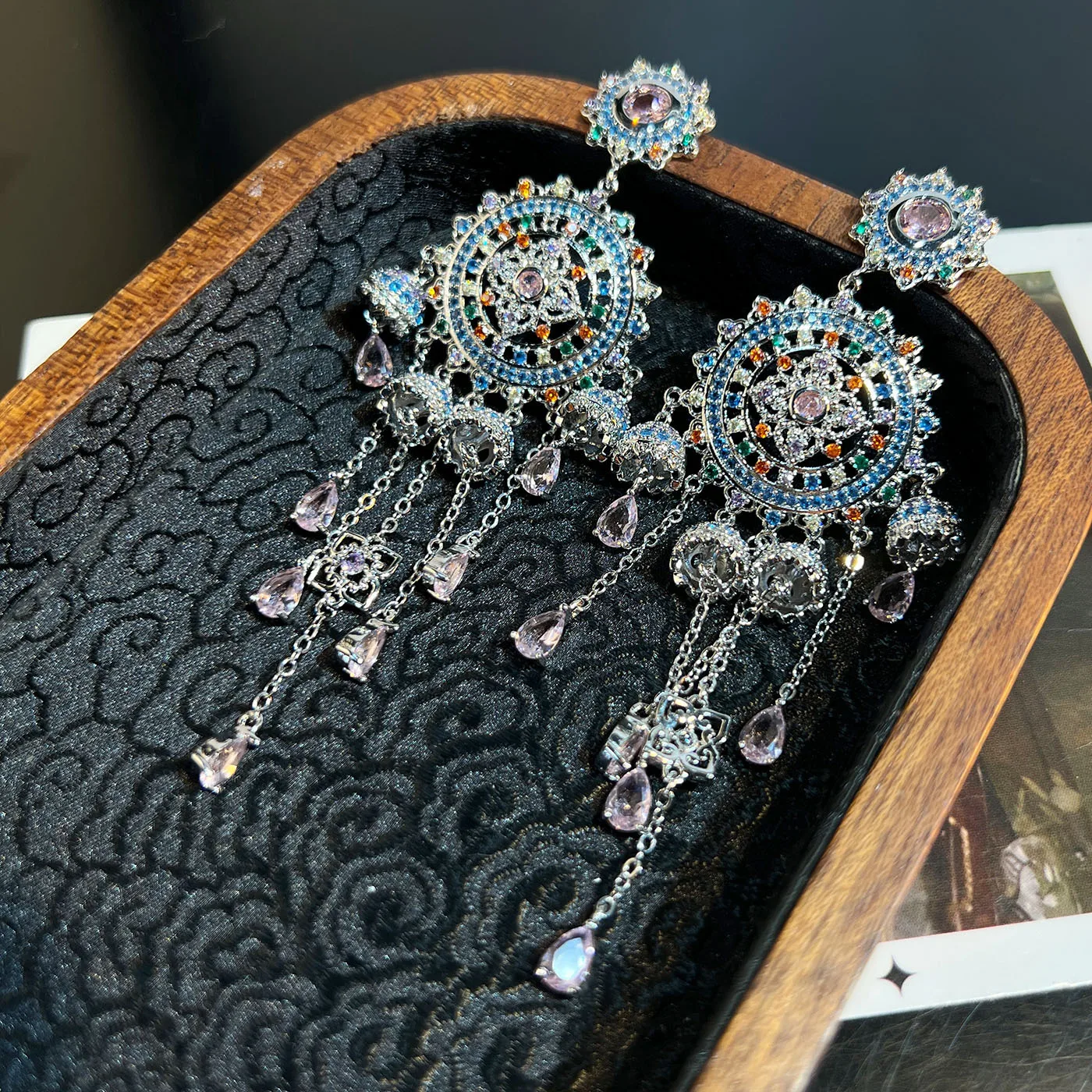 European and American zircon thick gold-plated bohemian long tassel bell cross-border sweeping shoulder retro earrings