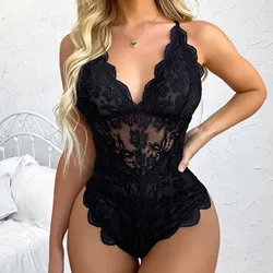 Crotchless Red Sexy Underwear Women Lace Hollow Bra Set Erotic Costume Teddy Baby Doll Dress Deep V Open Bra Lingerie Costumes